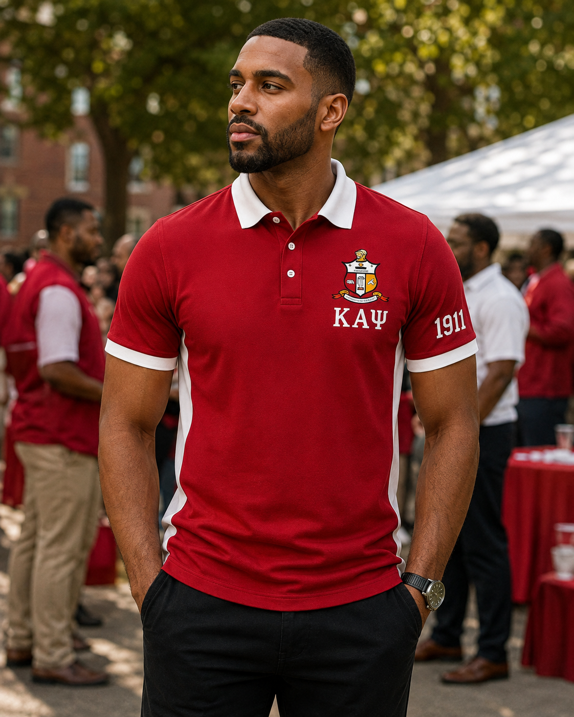 Lifestyle view of a Kappa Alpha Psi crimson and cream embroidered polo