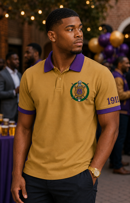 Lifestyle view of an Omega Psi Phi old gold and royal purple embroidered polo