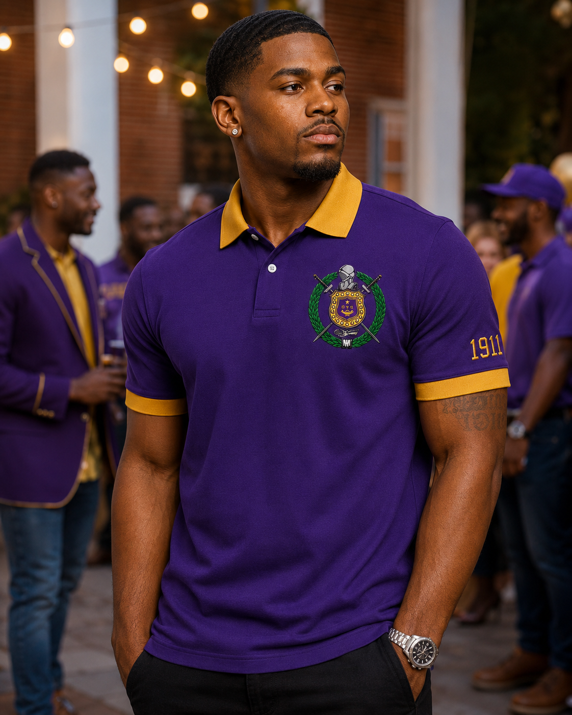 Lifestyle view of an Omega Psi Phi royal purple and old gold embroidered polo