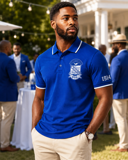 Lifestyle view of a Phi Beta Sigma royal blue and pure white embroidered polo
