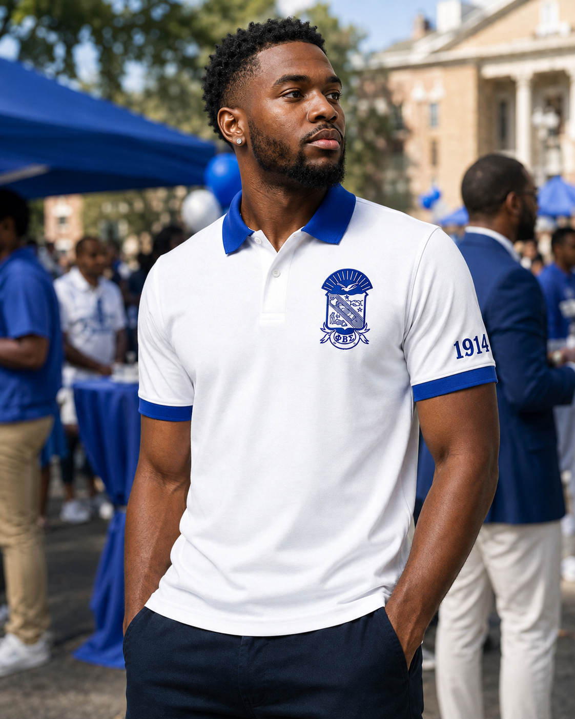 Lifestyle view of a Phi Beta Sigma pure white and royal blue embroidered polo