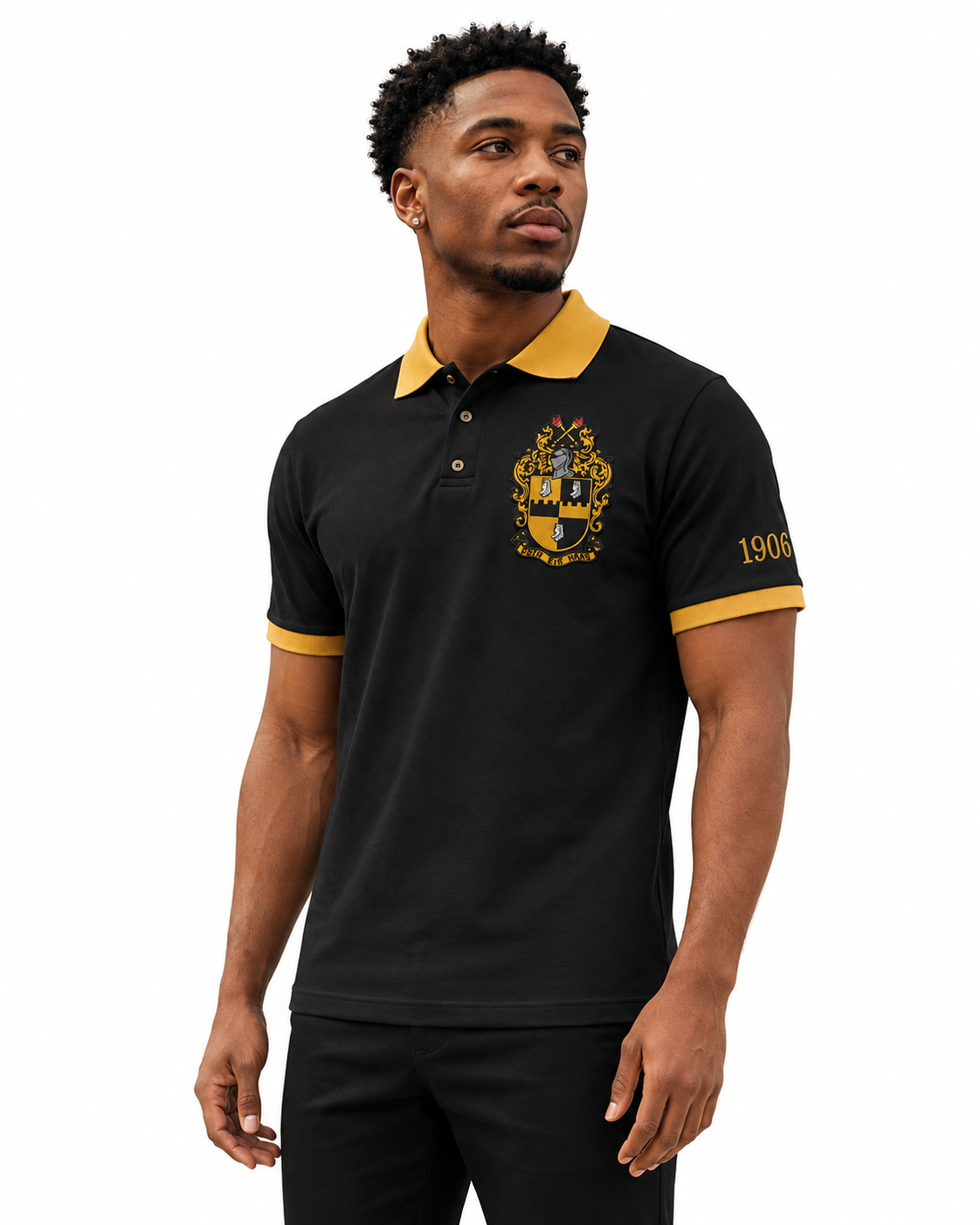Model wearing an Alpha Phi Alpha black and old gold embroidered polo