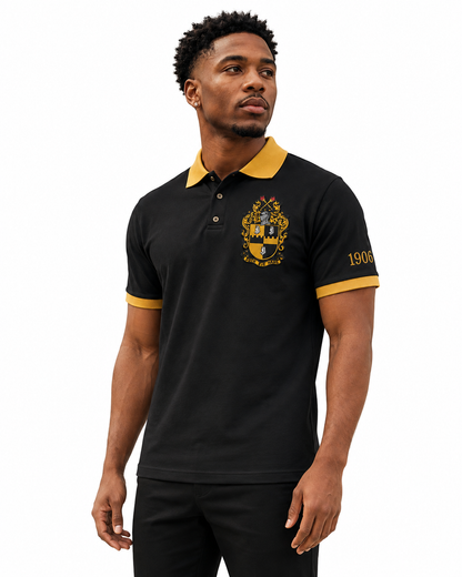 Model wearing an Alpha Phi Alpha black and old gold embroidered polo
