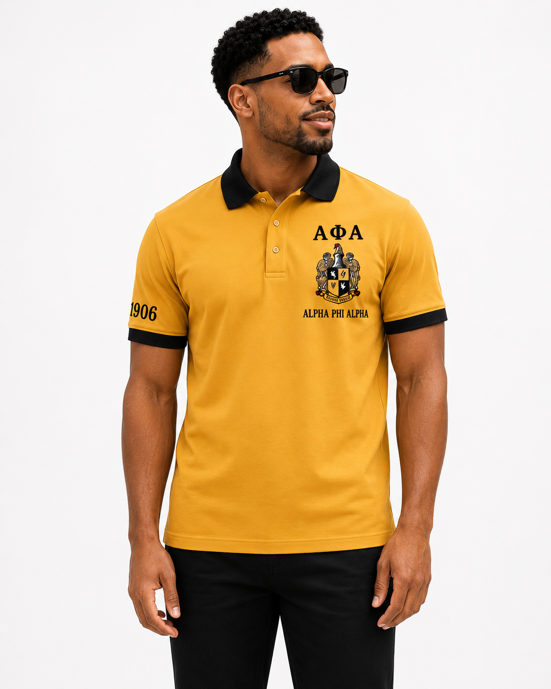 Model wearing an Alpha Phi Alpha old gold and black embroidered polo