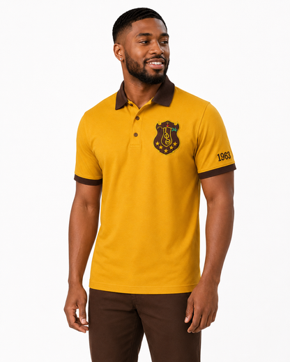 Studio model wearing an Iota Phi Theta gold and brown embroidered polo