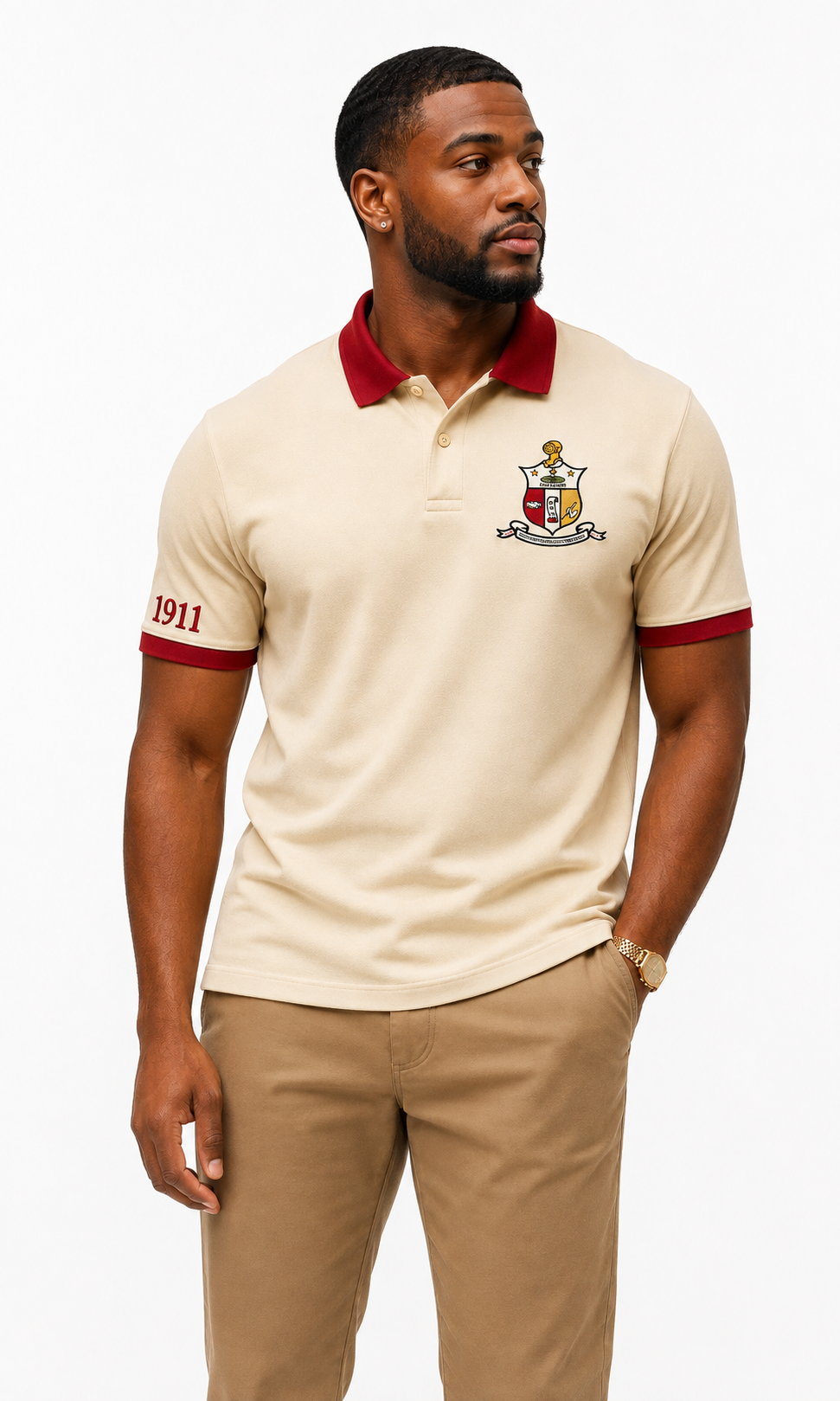 Model wearing a Kappa Alpha Psi cream and crimson embroidered polo