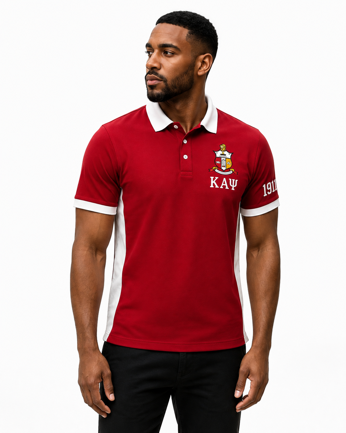 Model wearing a Kappa Alpha Psi crimson and cream embroidered polo