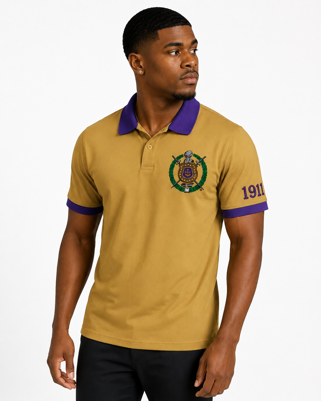 Studio model wearing an Omega Psi Phi old gold and royal purple embroidered polo