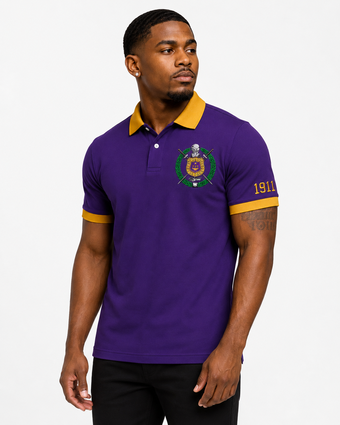 Model wearing an Omega Psi Phi royal purple and old gold embroidered polo