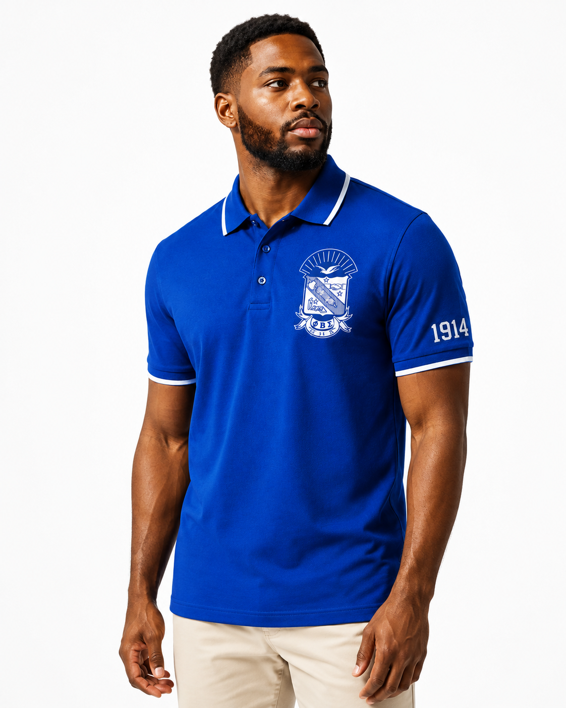 Studio model wearing a Phi Beta Sigma royal blue and pure white embroidered polo