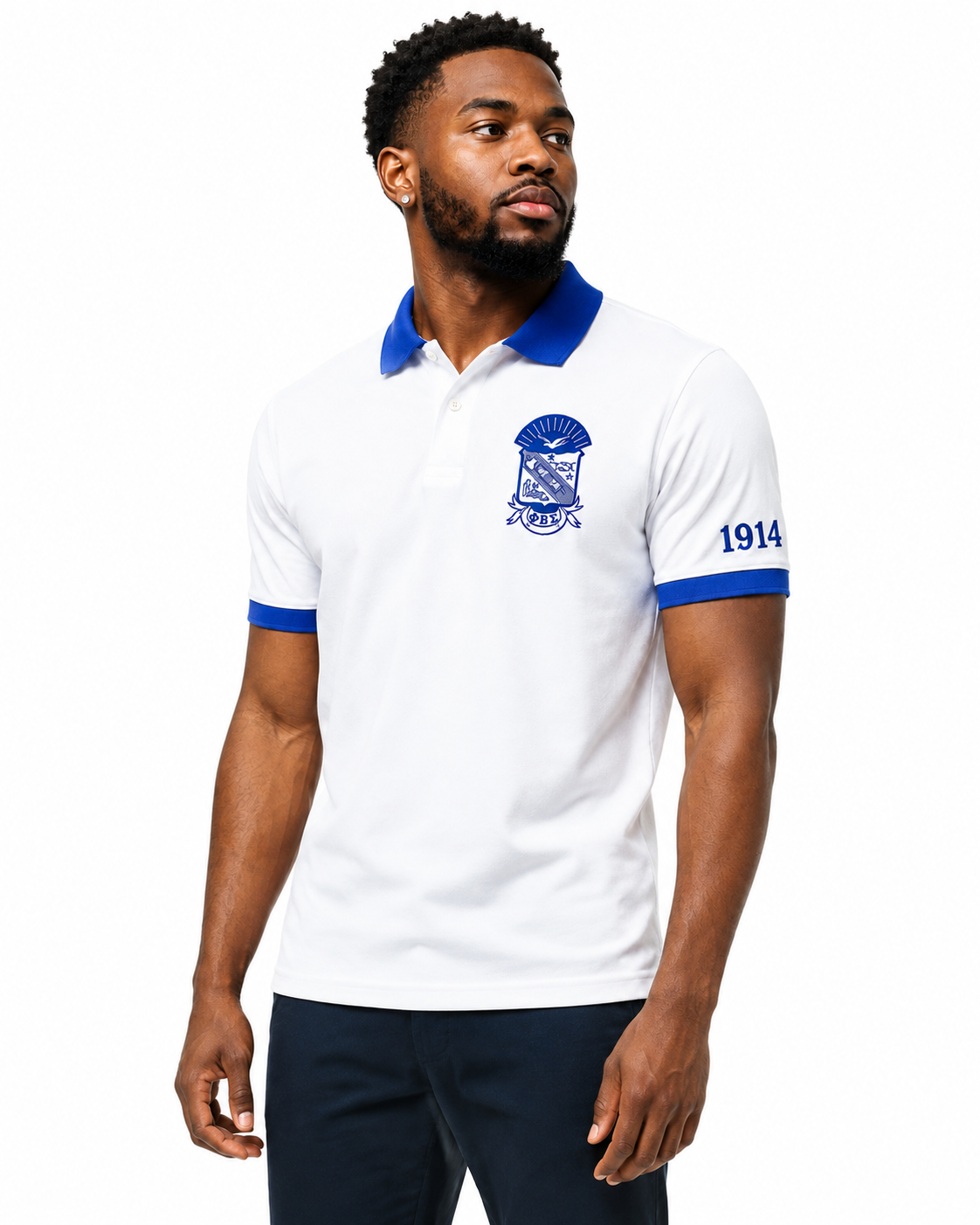Studio model wearing a Phi Beta Sigma pure white and royal blue embroidered polo