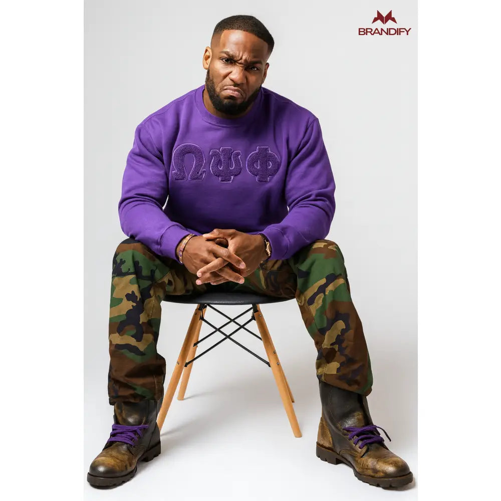 Custom Omega Psi Phi Crewneck Sweatshirt front view with personalized purple and gold design