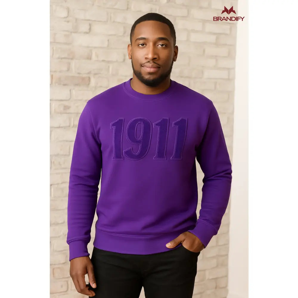 Custom Solid Color Omega Psi Phi Chenille Sweatshirt front view with raised chenille Greek lettering