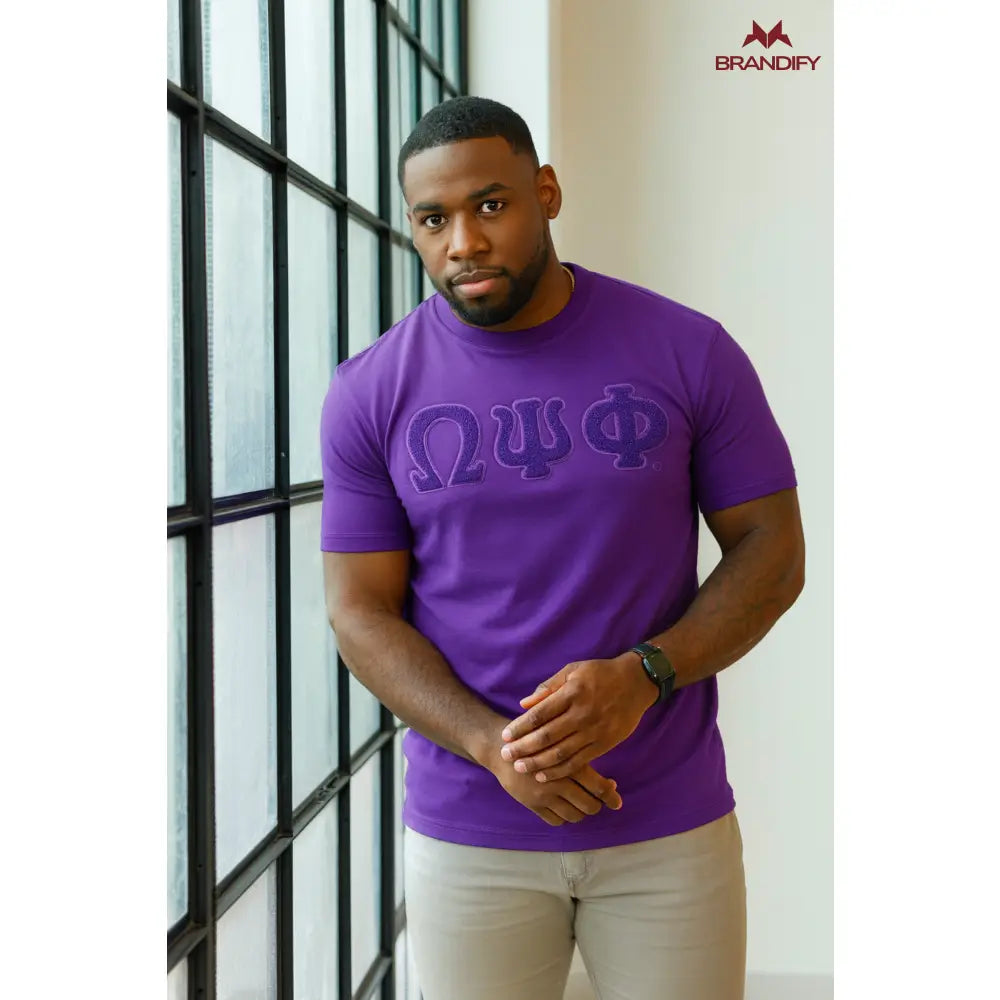 Custom Purple Omega Psi Phi Fraternity Apparel front view with personalized purple and gold design