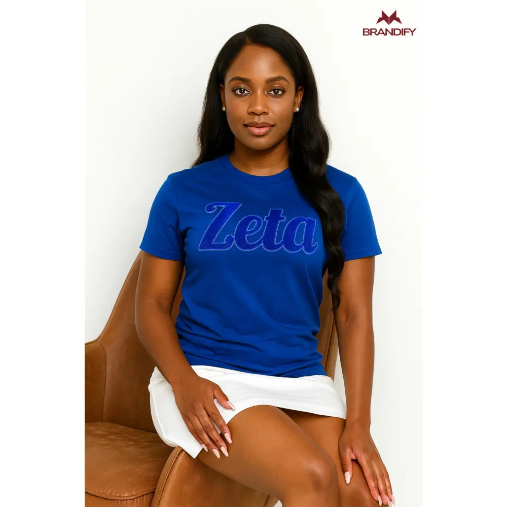 Custom Solid Color Zeta Phi Beta Chenille Tee front view with raised chenille Greek lettering