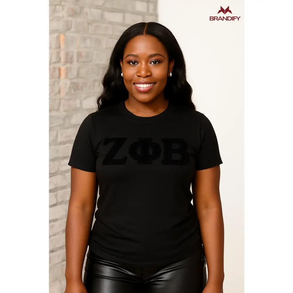 Custom Solid Color Zeta Phi Beta Chenille Tee front view with raised chenille Greek lettering