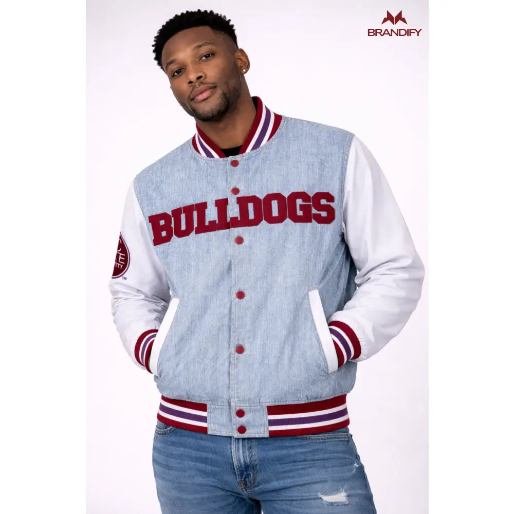 Custom South Carolina State University Denim Bomber Jacket front view with personalized college design