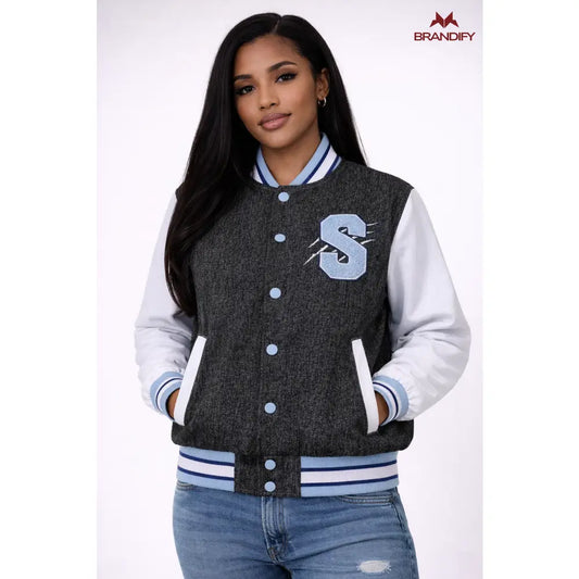 Custom Spelman College Denim Bomber Jacket Style 2 front view with personalized college design