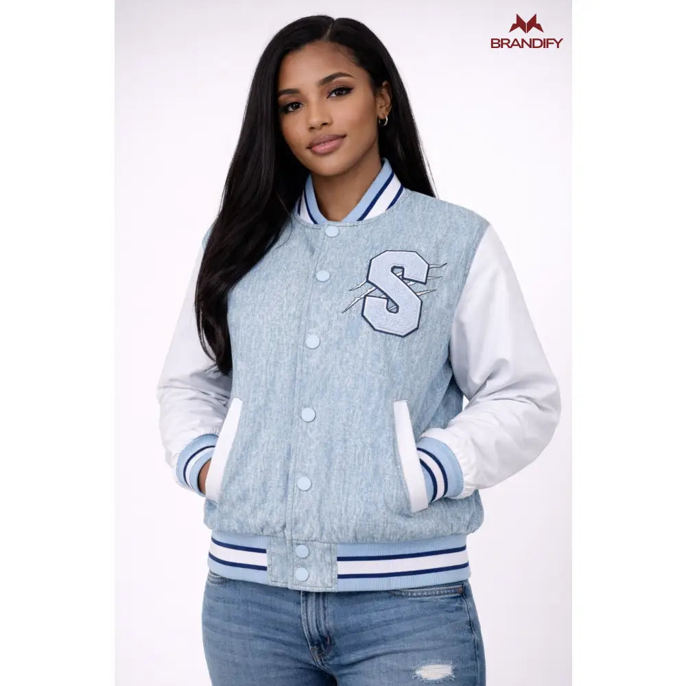 Custom Spelman College Denim Bomber Jacket back view with custom school name and details
