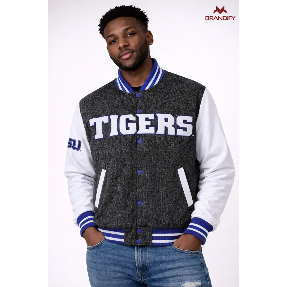 Custom Tennessee State University Denim Bomber Jacket back view with custom school name and details