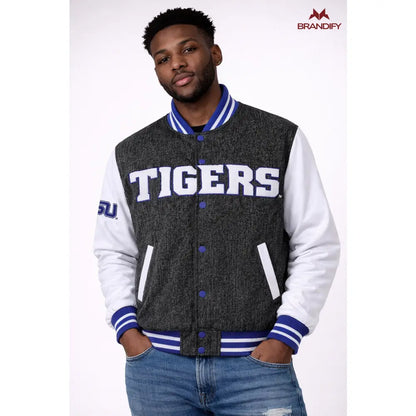 Custom Tennessee State University Denim Bomber Jacket back view with custom school name and details