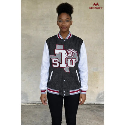 Custom Texas Southern University Denim Bomber Jacket back view with custom school name and details