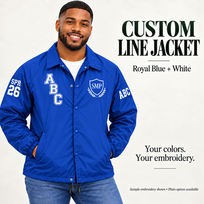 Royal Blue nylon snap-front line jacket with white sample embroidery on a male model