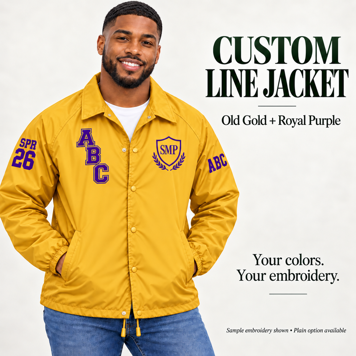 Old Gold nylon snap-front line jacket with royal purple sample embroidery on a male model