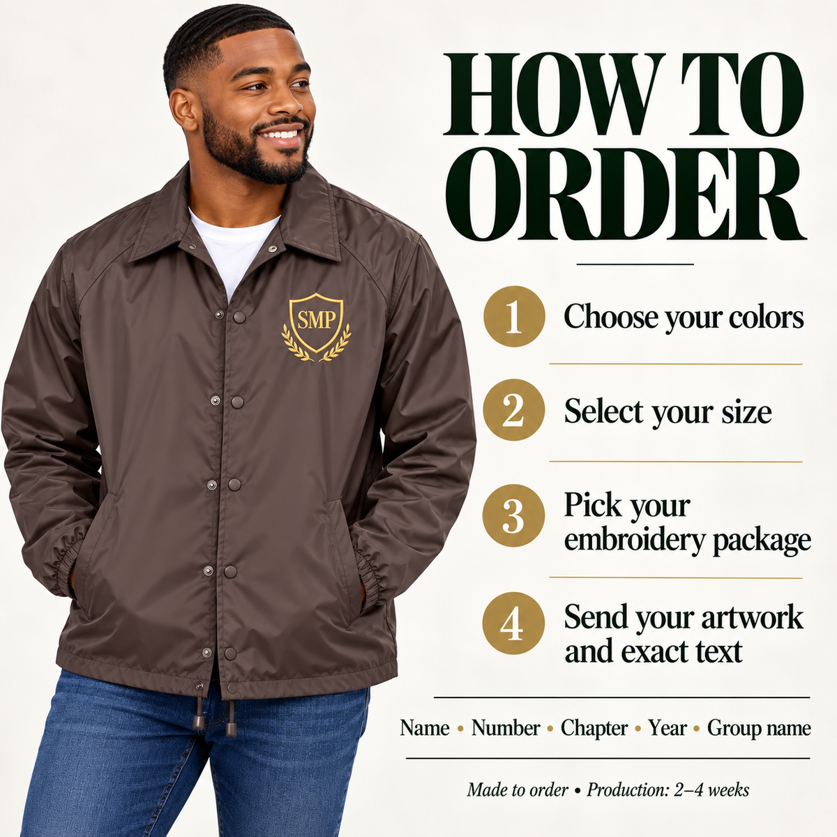 Custom nylon line jacket order guide with generic sample artwork