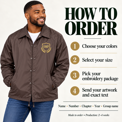Custom nylon line jacket order guide with generic sample artwork