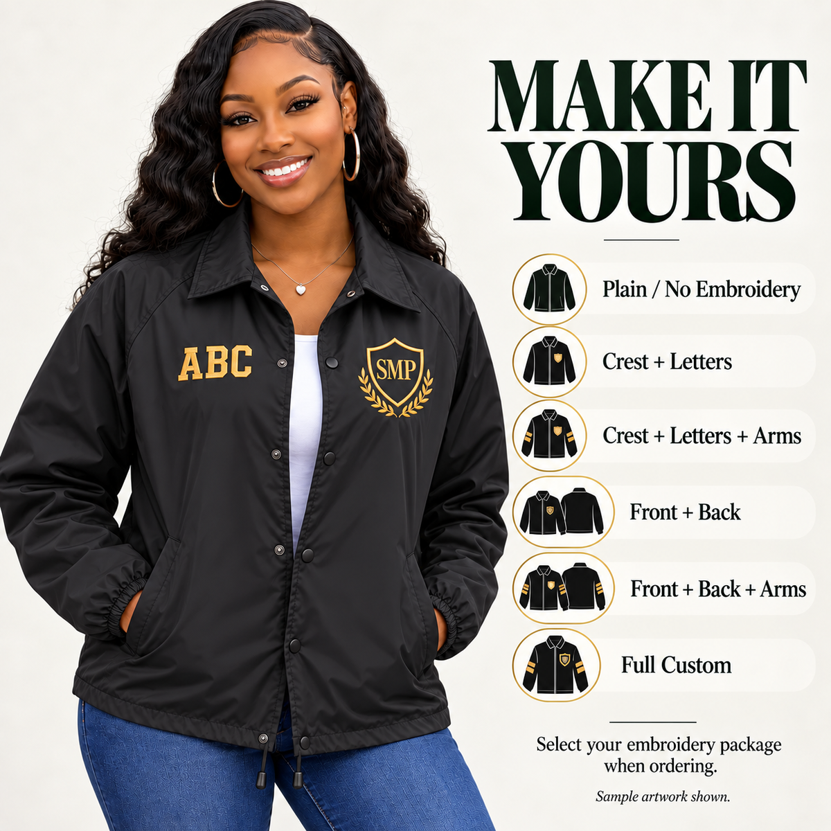 Custom nylon line jacket tiers guide with generic sample artwork