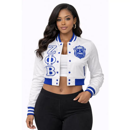 White / Red Zeta Phi Beta Cropped Line Jacket with personalized front, back, and sleeve embroidery