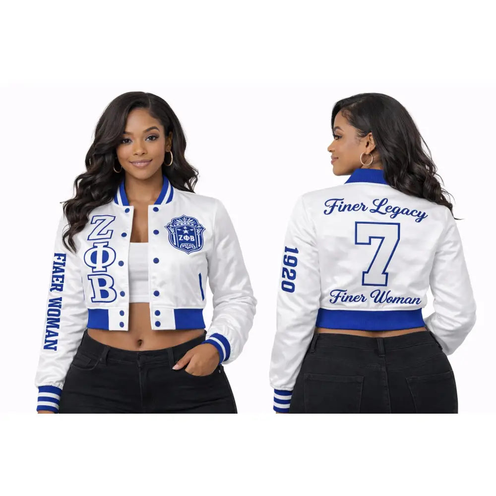 White / Red Zeta Phi Beta Cropped Line Jacket with personalized front, back, and sleeve embroidery