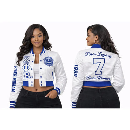 White / Red Zeta Phi Beta Cropped Line Jacket with personalized front, back, and sleeve embroidery