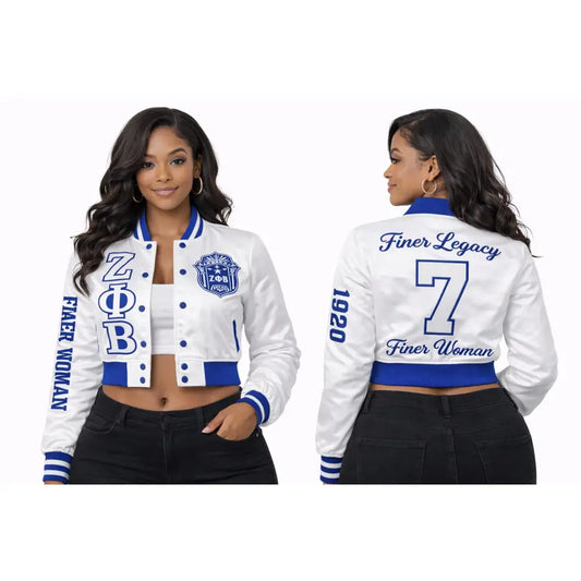 White / Red Zeta Phi Beta Cropped Line Jacket with personalized front, back, and sleeve embroidery