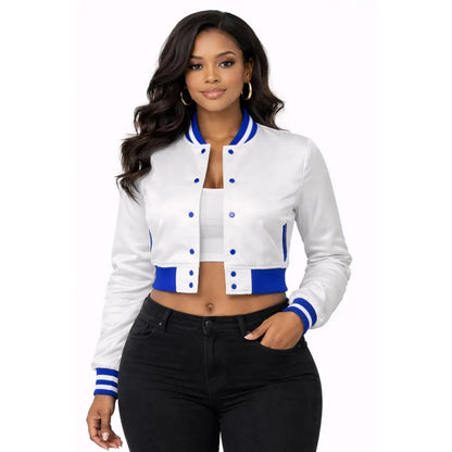 White / Red Zeta Phi Beta Cropped Line Jacket with personalized front, back, and sleeve embroidery