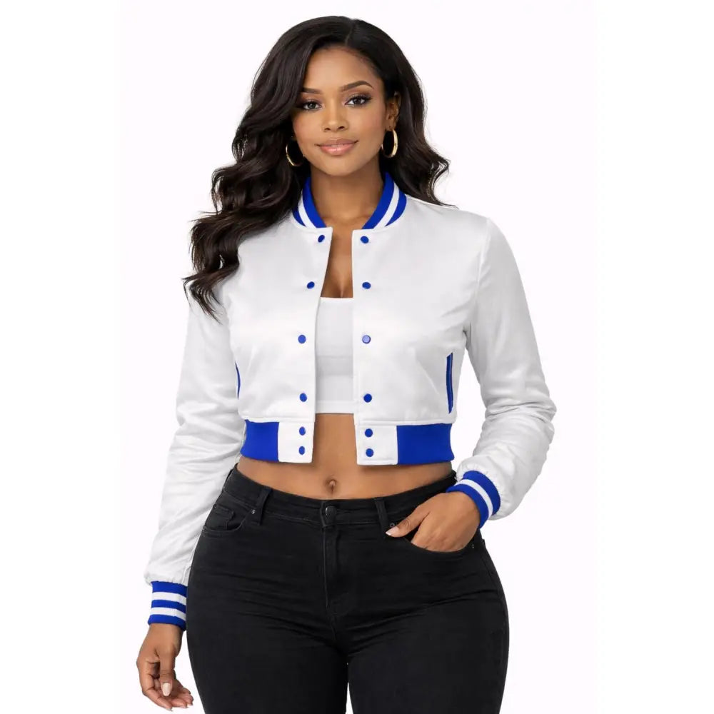White / Red Zeta Phi Beta Cropped Line Jacket with personalized front, back, and sleeve embroidery