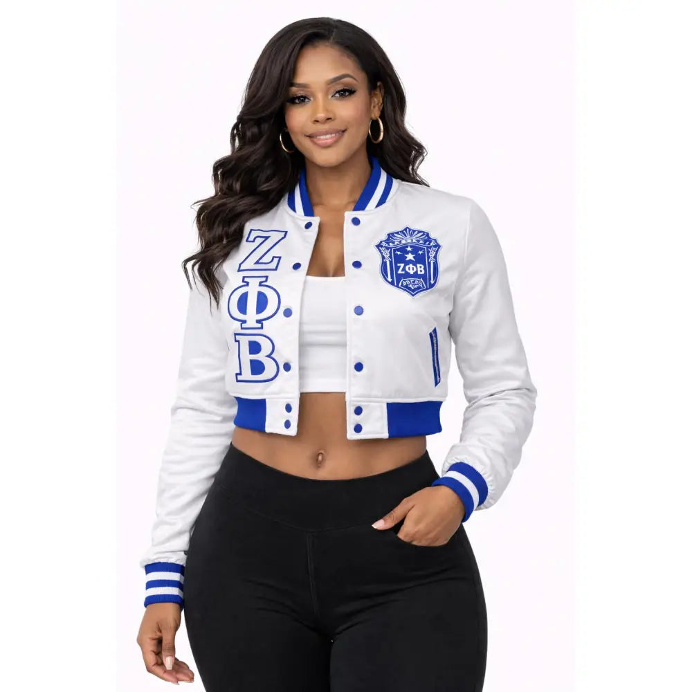 White / Red Zeta Phi Beta Cropped Line Jacket with personalized front, back, and sleeve embroidery