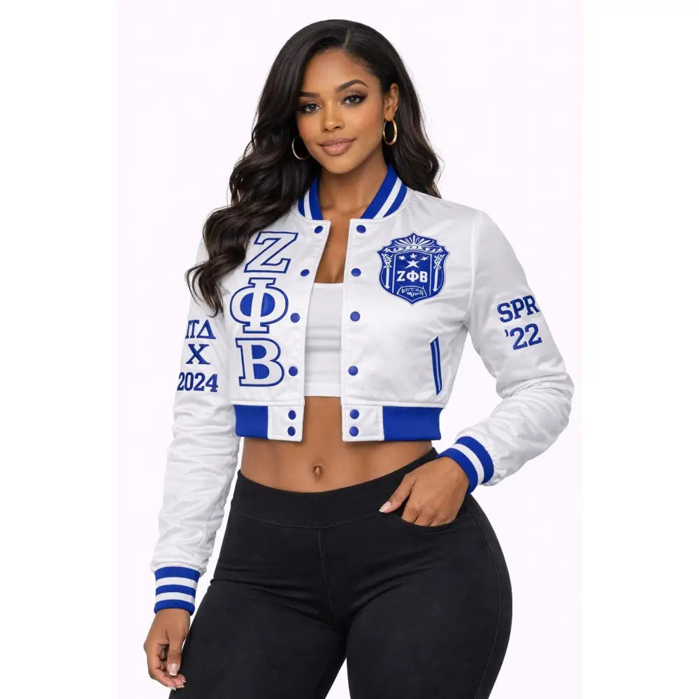 White / Red Zeta Phi Beta Cropped Line Jacket with personalized front, back, and sleeve embroidery
