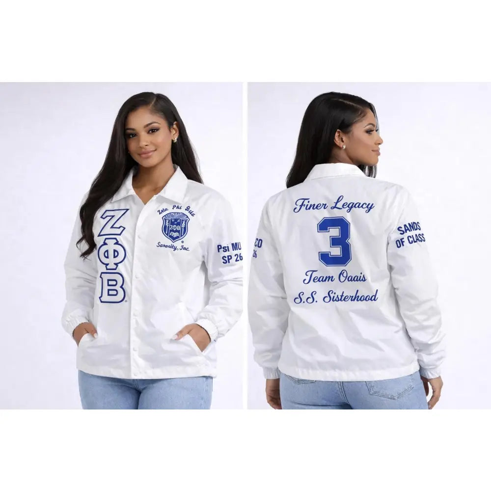 White / Red Zeta Phi Beta Custom Line Jacket with personalized front, back, and sleeve embroidery