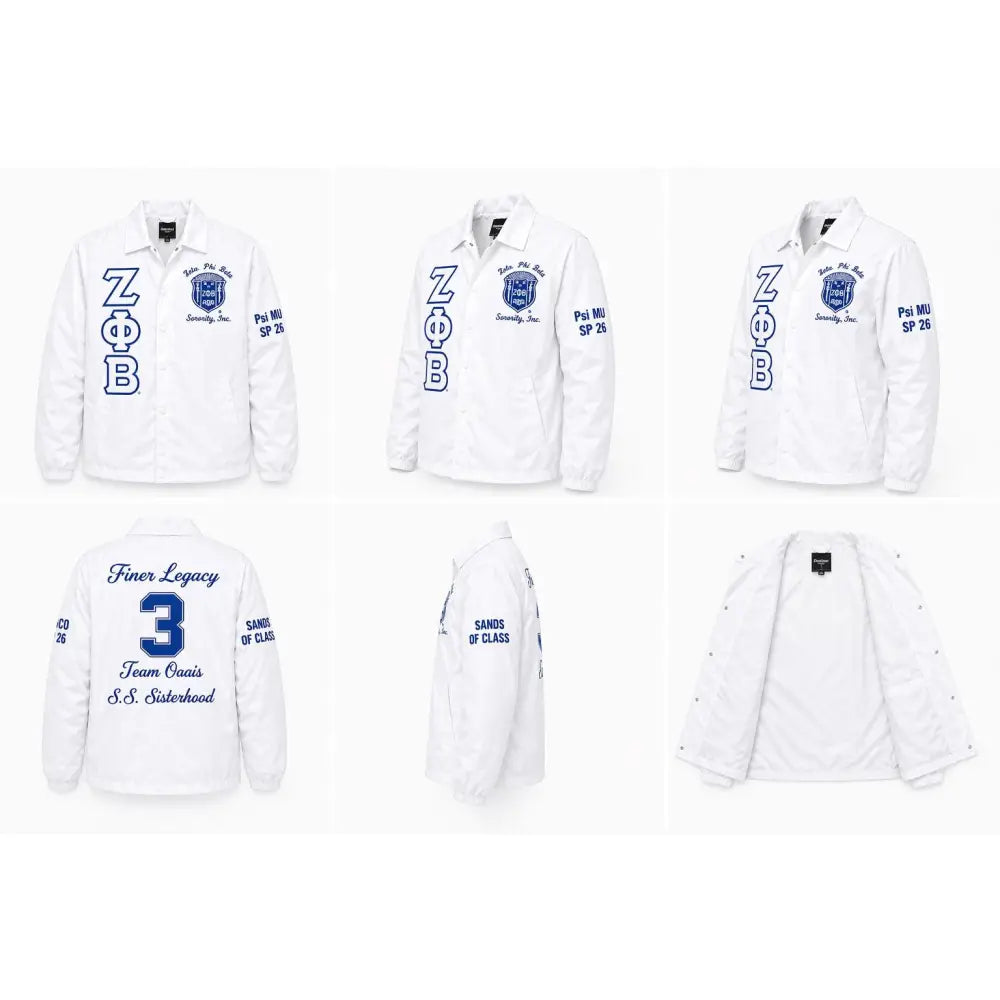 White / Red Zeta Phi Beta Custom Line Jacket with personalized front, back, and sleeve embroidery