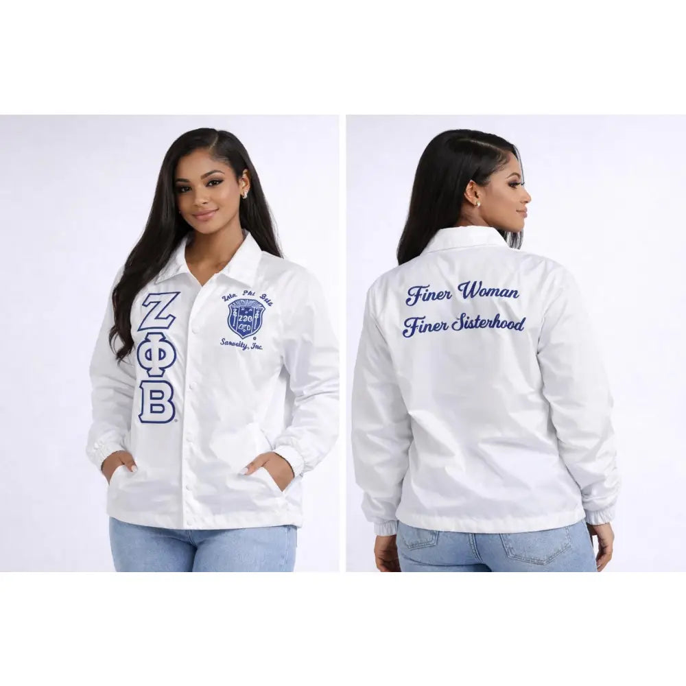White / Red Zeta Phi Beta Custom Line Jacket with personalized front, back, and sleeve embroidery