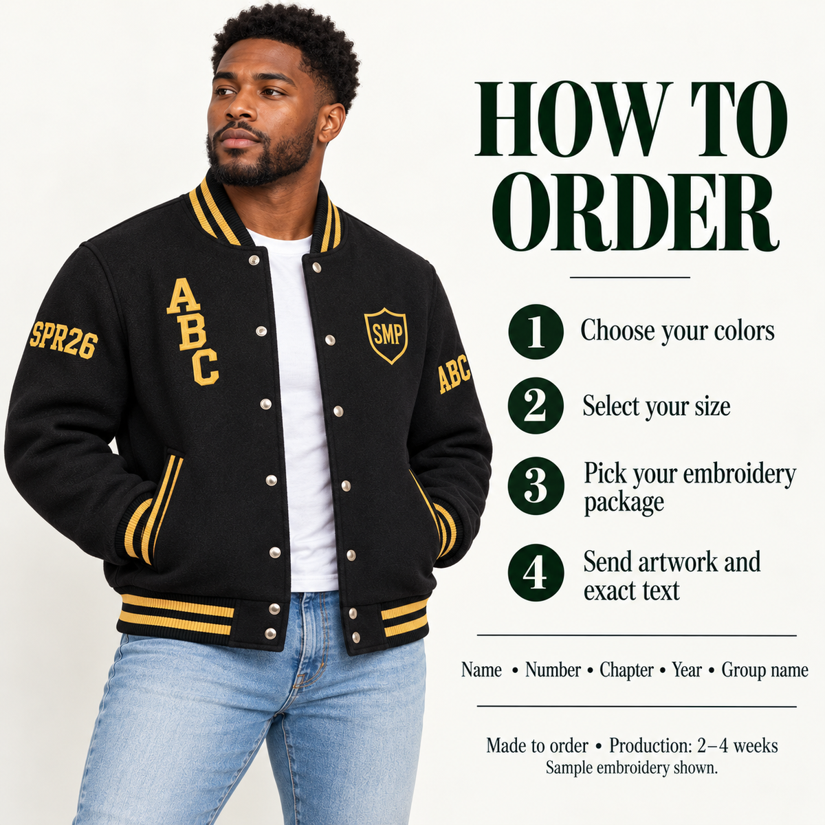 Wool varsity jacket ordering instructions guide