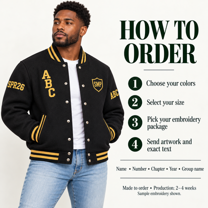 Wool varsity jacket ordering instructions guide