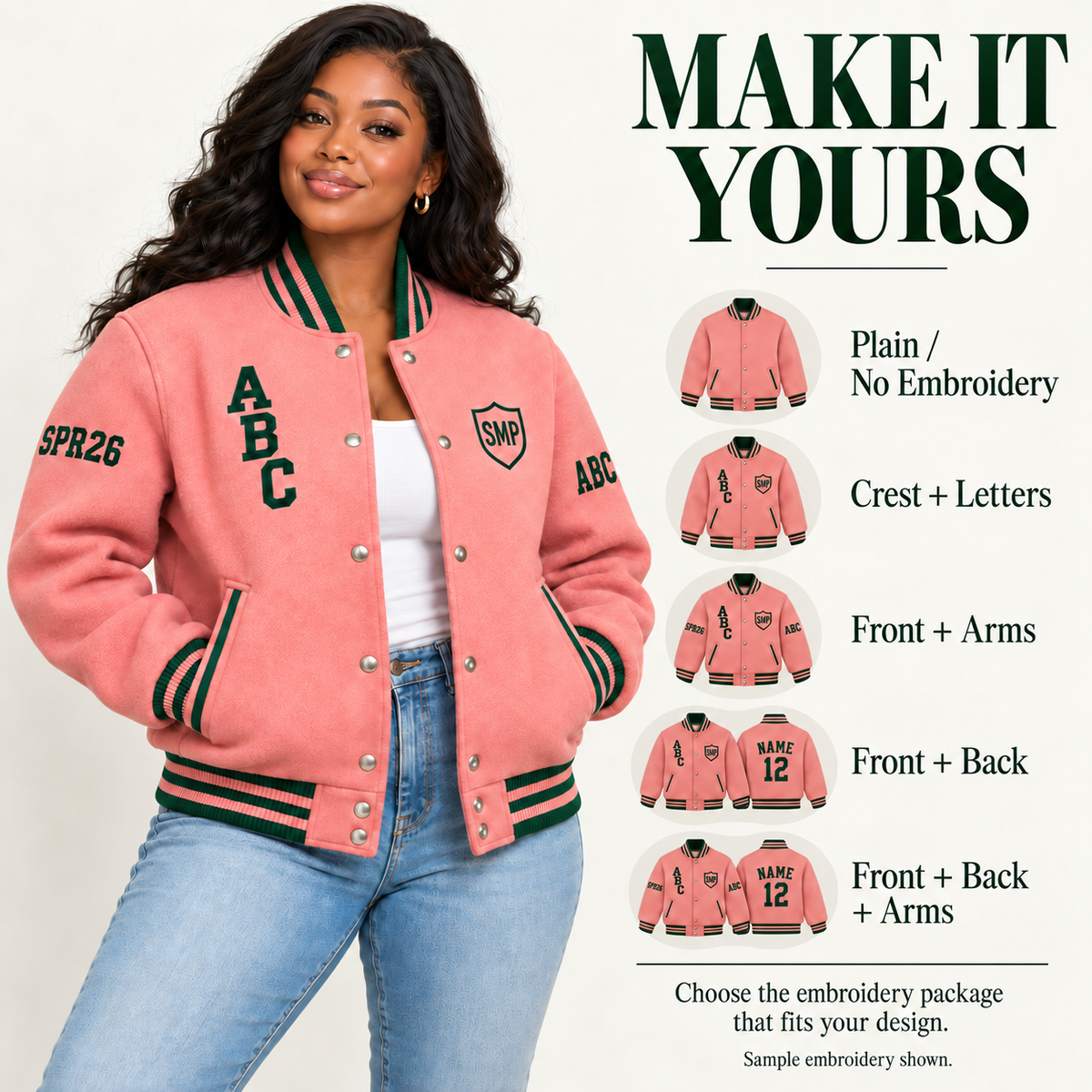 Wool varsity jacket embroidery packages guide