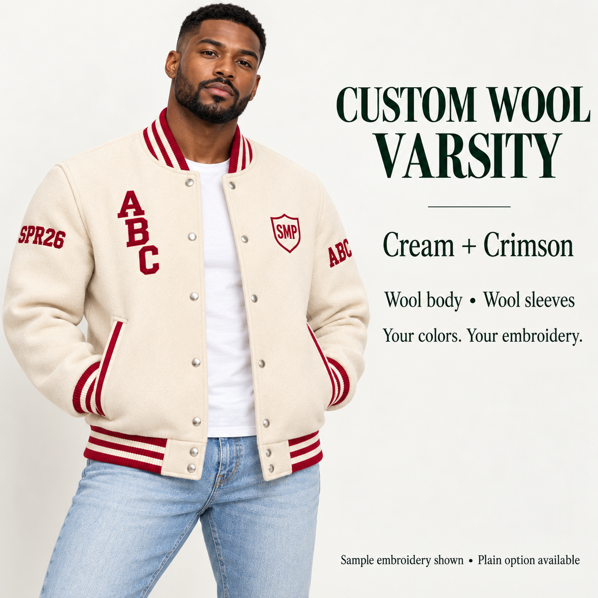 Man wearing Cream wool body and wool sleeve varsity jacket with Crimson sample embroidery