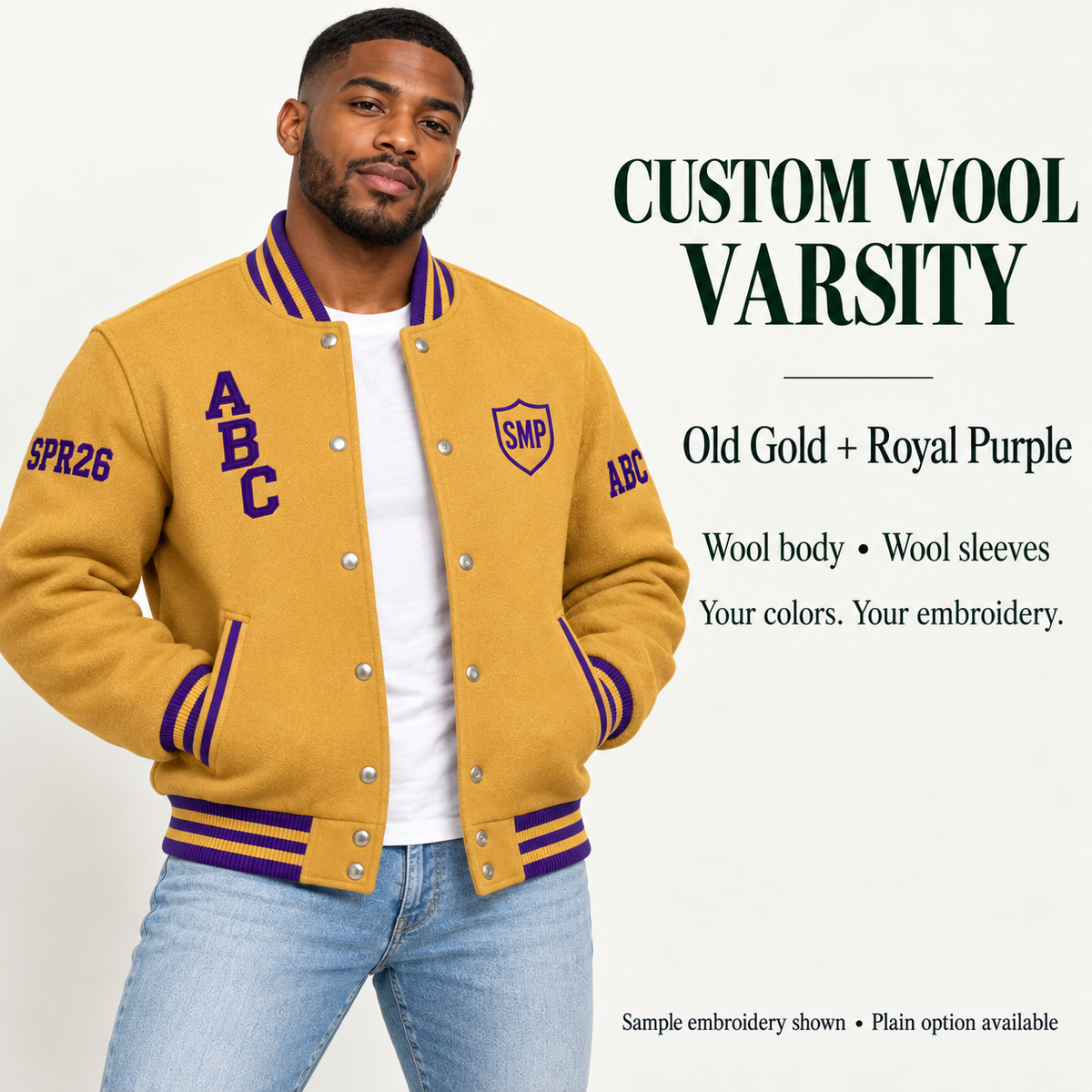 Man wearing Old Gold wool body and wool sleeve varsity jacket with Royal Purple sample embroidery