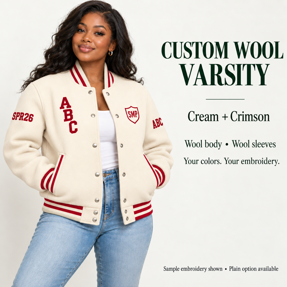 Woman wearing Cream wool body and wool sleeve varsity jacket with Crimson sample embroidery