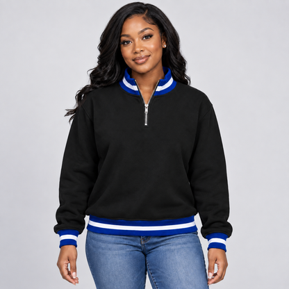 Plain black quarter-zip pullover with royal blue and white trim and no embroidery on a female model