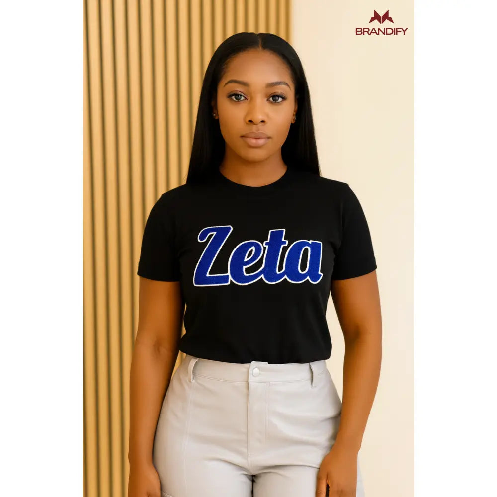 Custom Silver Accent Zeta Phi Beta Chenille Tee front view with raised chenille Greek lettering